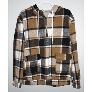 MAN Forever Young brown & black plaid polyester flannel pullover hoodie ADULT M